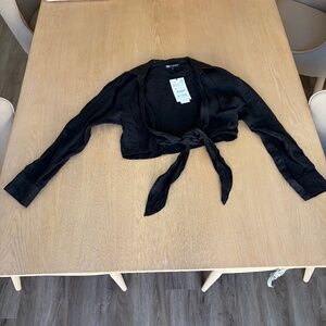 NWT Zara Cropped Tie Front Collared Linen Shirt Black XS